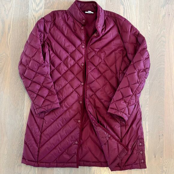 J. Jill Quilted Down Long Line Jacket Side Snap Burgundy Womens Medium Petite - Picture 2 of 7